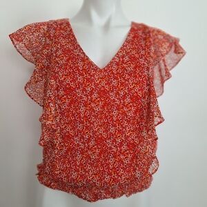 CeCe Red Ditsy Floral Ruffle Flutter Sleeve Blouse Size  XS